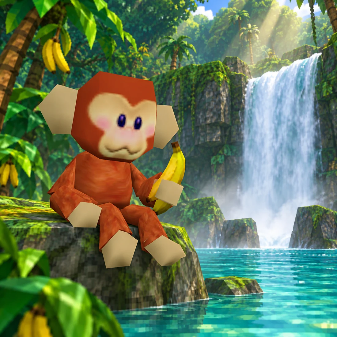 MONKE beside a peaceful jungle waterfall